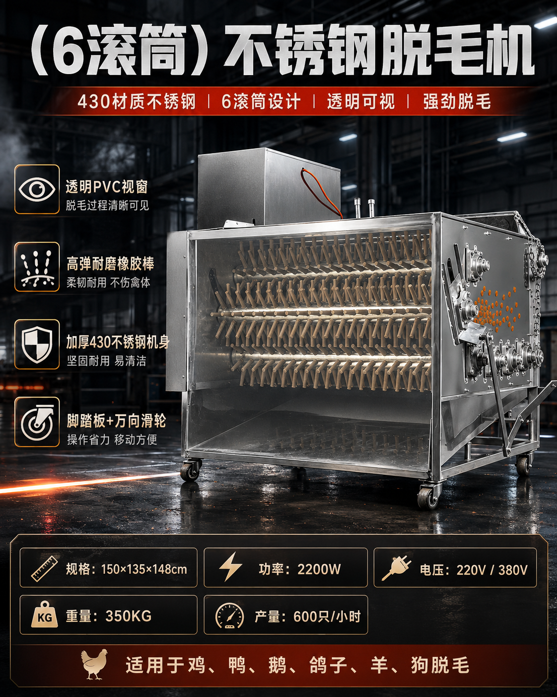 6-Roller Stainless Poultry Plucker