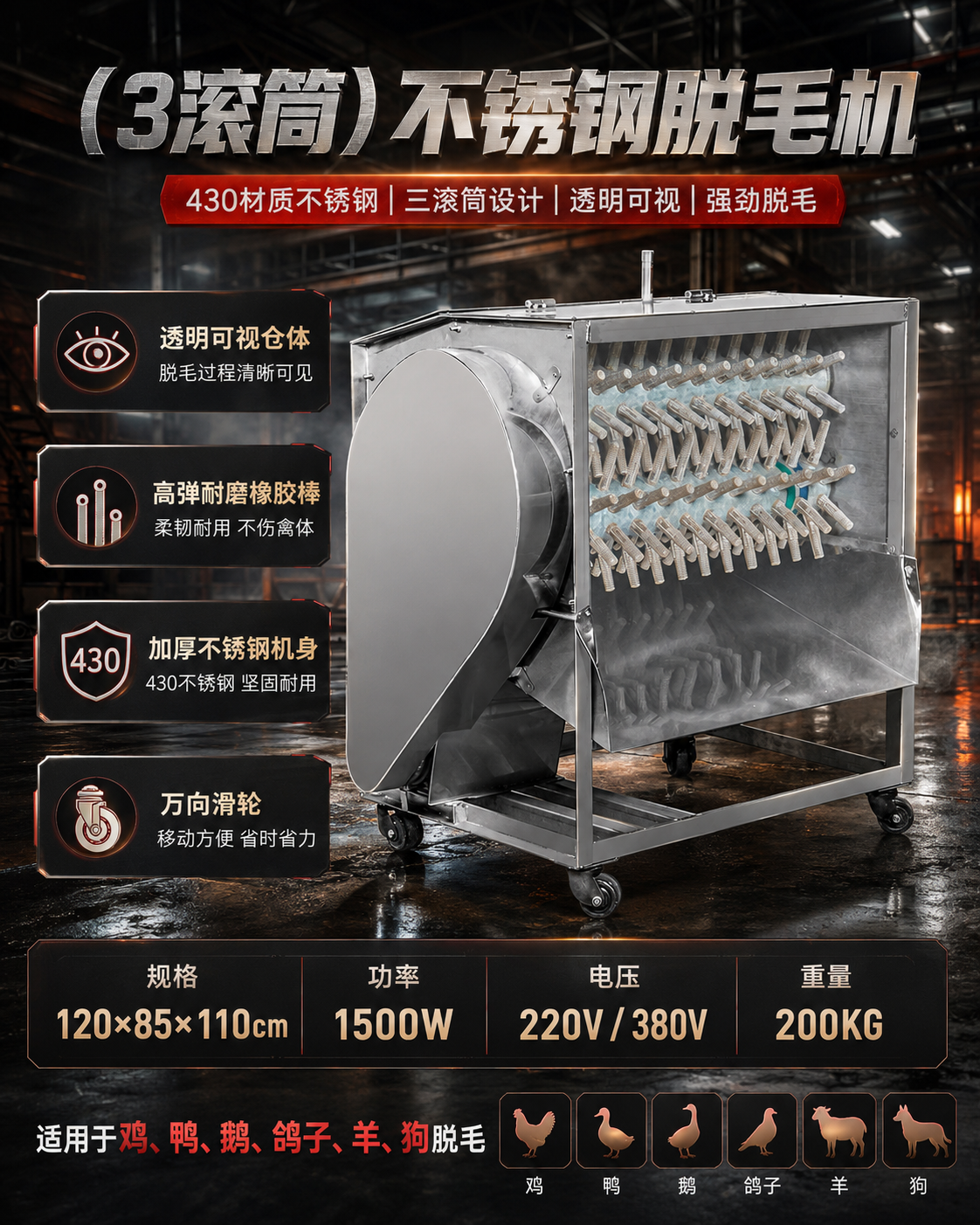 3-Roller Stainless Poultry Plucker